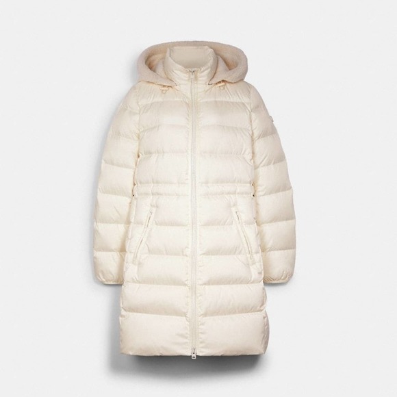 Coach Jackets & Blazers - Coach Long Slim Cream Faux Sherpa Trim Hood Puffer Coat Size Medium